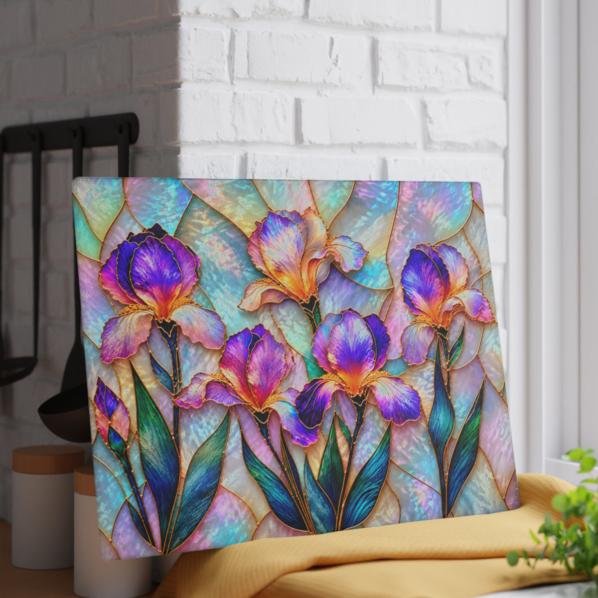 Stained-Glass-Inspired Purple Iris Cutting Board – Vibrant Violet & Lavender Flowers, Iridescent Pastel Mosaic & Elegant Botanical Kitchen Décor