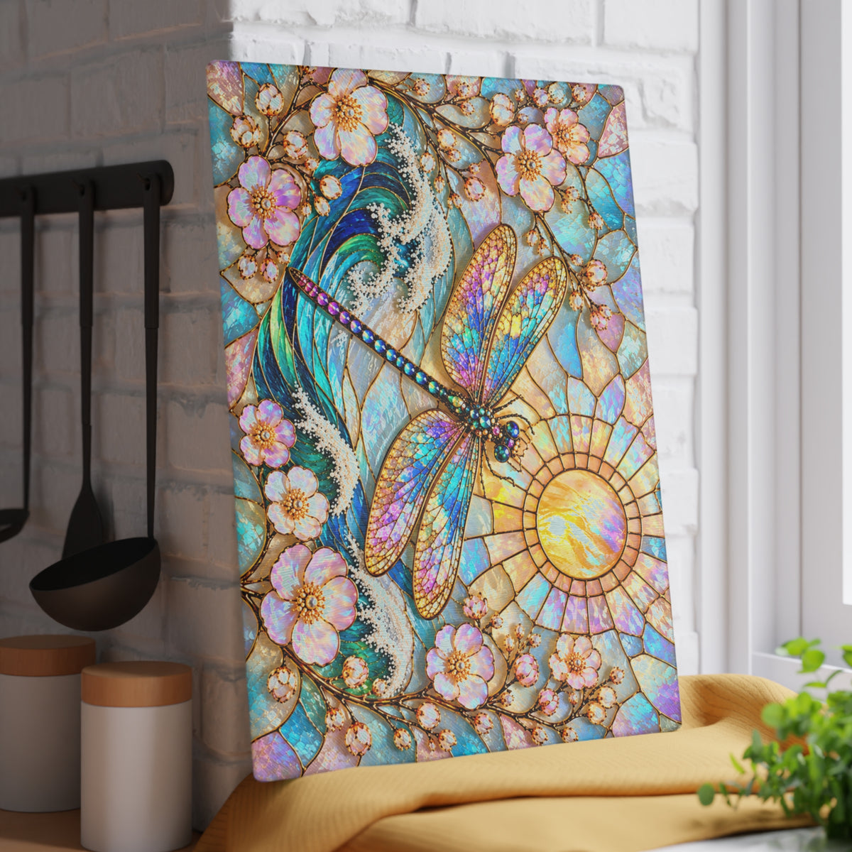 Stained-Glass-Inspired Dragonfly Cutting Board – Iridescent Rainbow Wings, Cherry Blossoms, Ocean Waves & Golden Sun Kitchen Décor