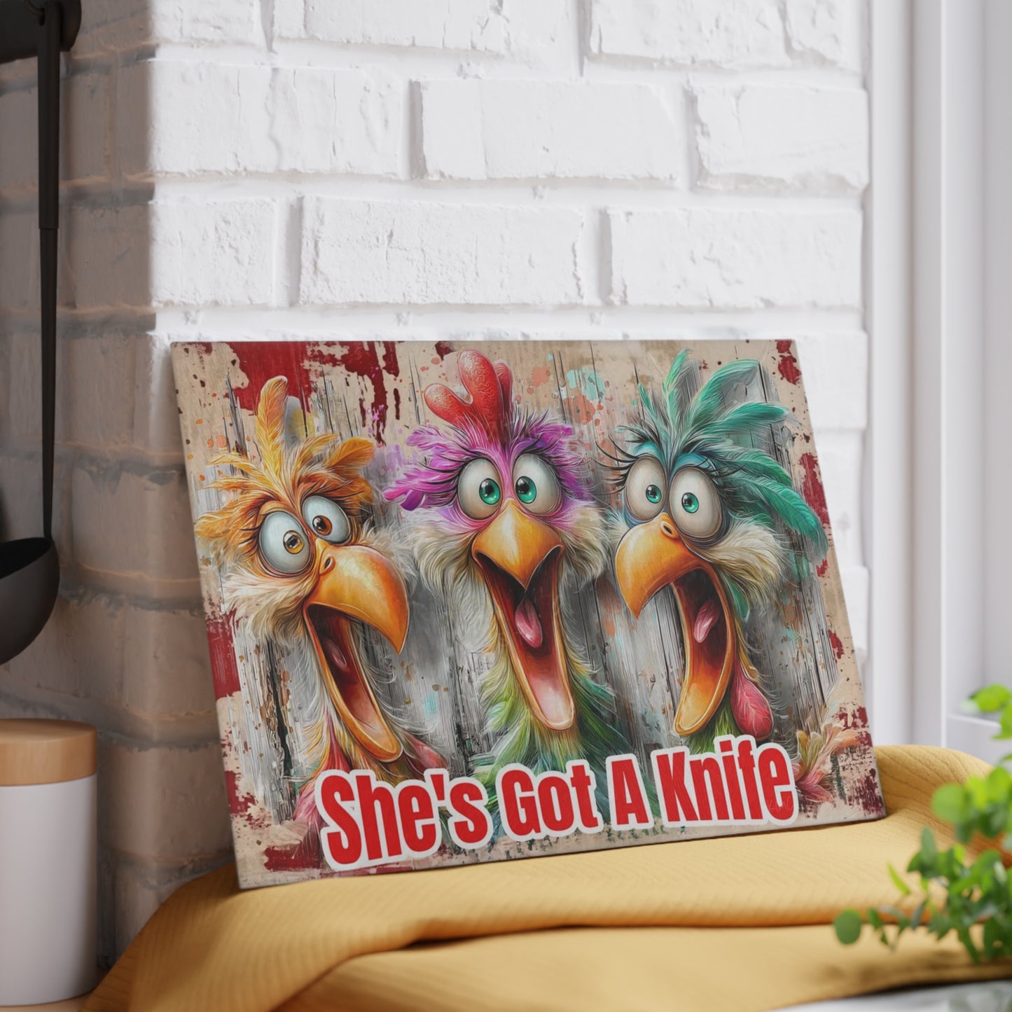 She’s Got a Knife Funny Chicken Glass Cutting Board – Colorful Farmhouse Kitchen Humor