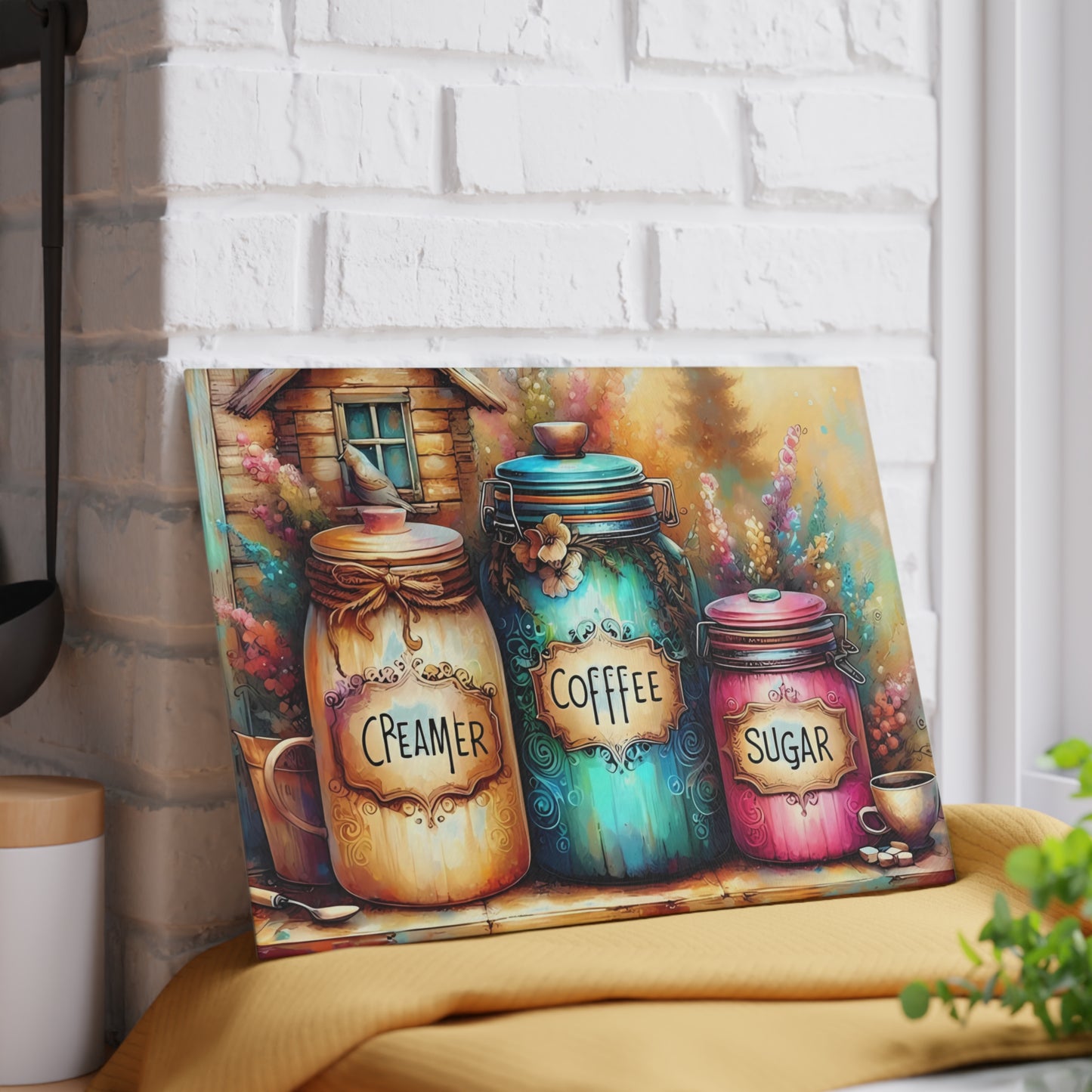 Farmhouse Canister Glass Cutting Board – Coffee, Sugar & Creamer Display