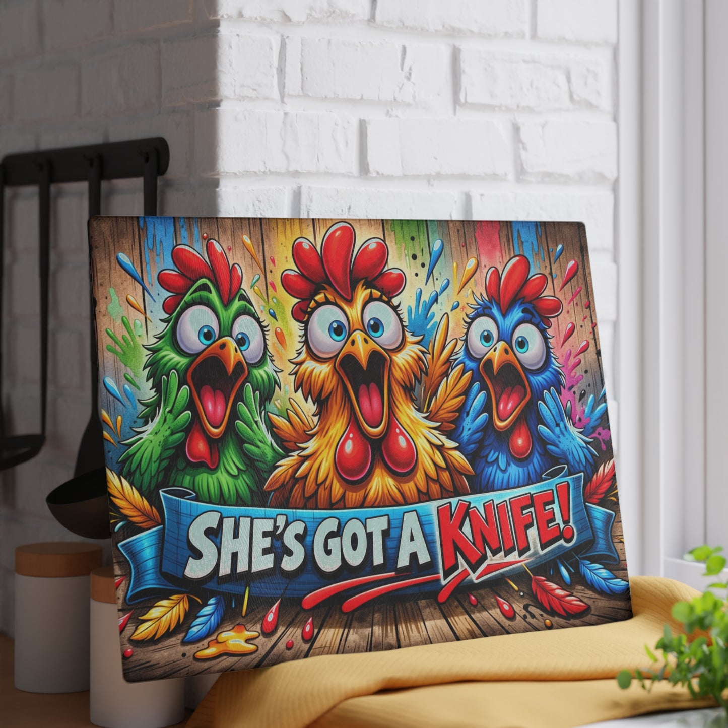 She’s Got a Knife! Glass Cutting Board – Loud Color Chicken Farmhouse Artwork