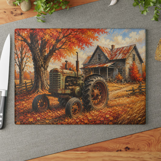 Vintage Tractor Autumn Glass Cutting Board – Rustic Farmhouse Fall Landscape with Old Country Farmhouse