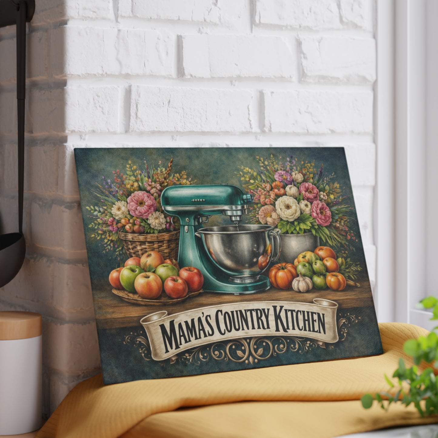 Mama’s Country Kitchen Glass Cutting Board – Farmhouse Baking Art with Vintage Mixer Charm