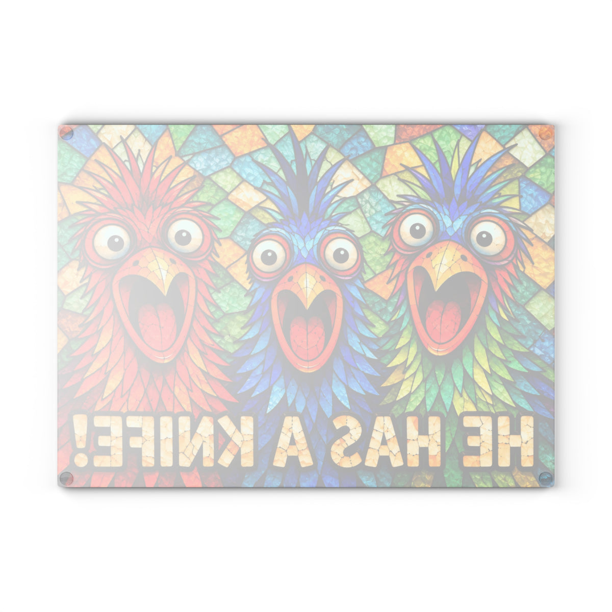 Funny Colorful Birds Stained Glass Look Glass Cutting Board – “He Has a Knife!” Kitchen Decor