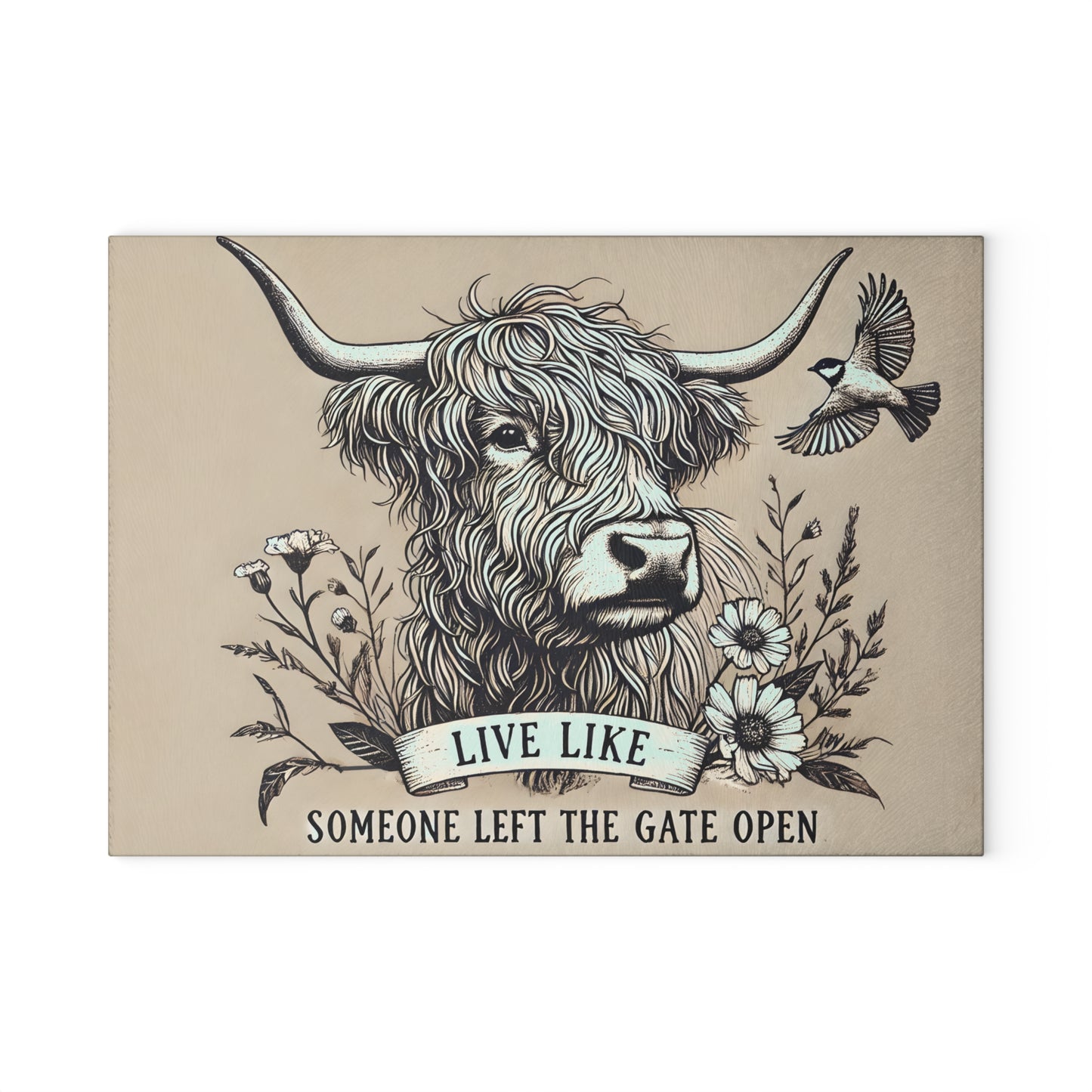 🐮 “Live Like Someone Left the Gate Open” Sketch Highland Cow Cutting Board – Rustic Farmhouse Charm for Your Kitchen