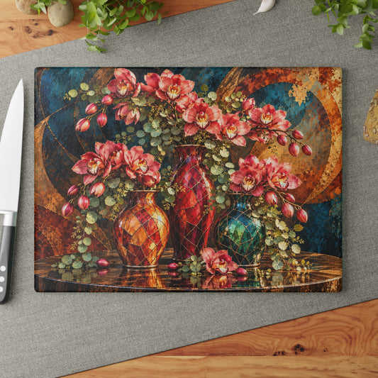 Elegant Pink Orchid Glass Cutting Board – Colorful Mosaic Vases, Vintage Floral Art, Teal & Copper Kitchen Décor, Flower Lover Gift