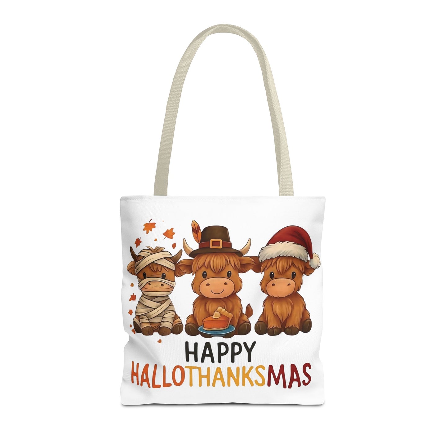 🐮 Happy Hallothanksmas Highland Cow Tote Bag – Holiday Fun All Season 🎃🦃🎄👜