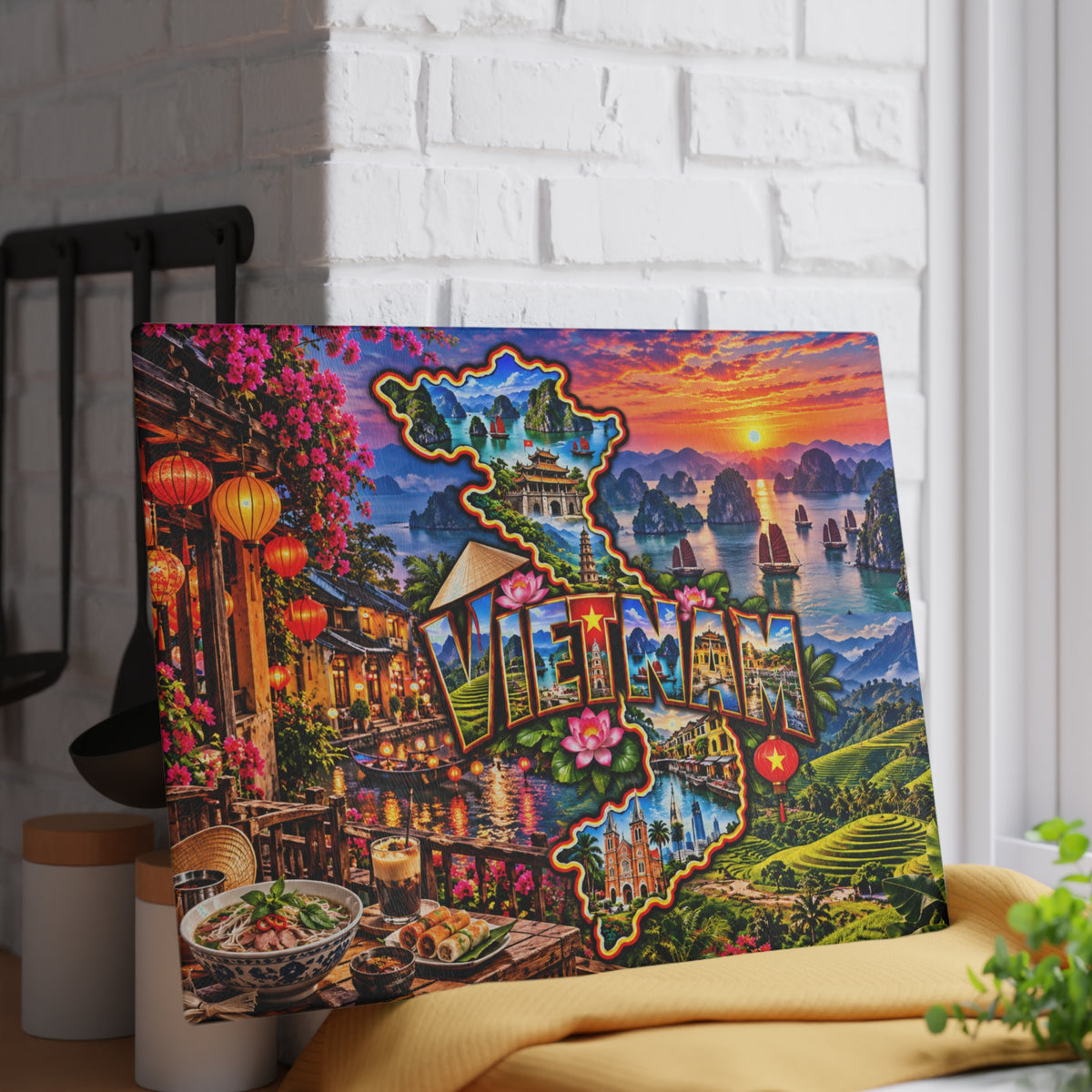 Vietnam Map Cutting Board – Colorful Ha Long Bay, Lantern-Lit Hoi An, Rice Terraces, Lotus Flowers & Vietnamese Kitchen Décor