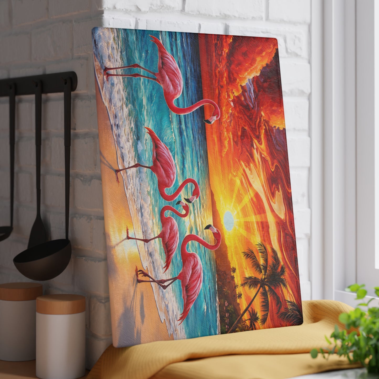 Vibrant Flamingo Sunset Glass Cutting Board – Tropical Coastal Kitchen Decor