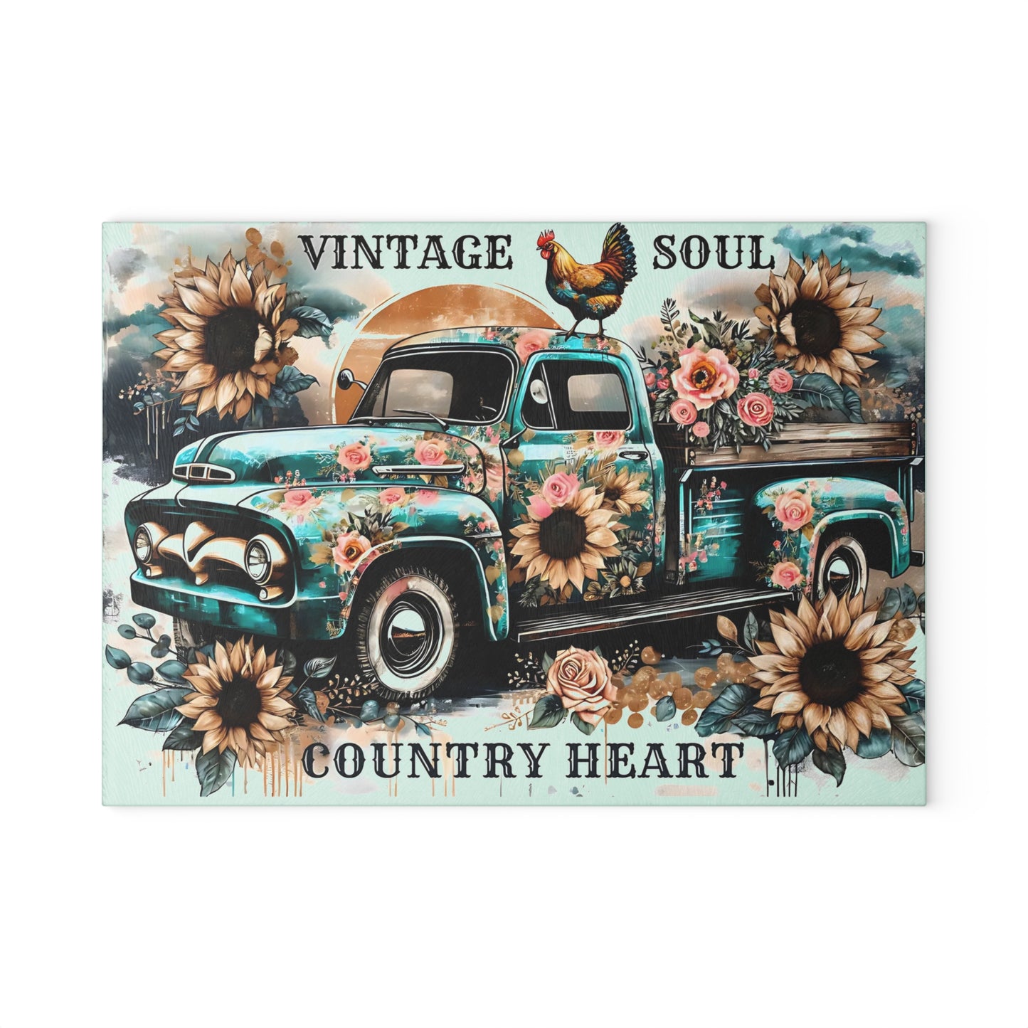 🚜🌻 Vintage Soul Country Heart Cutting Board – Rustic Truck & Sunflower Charm 🐓🌹