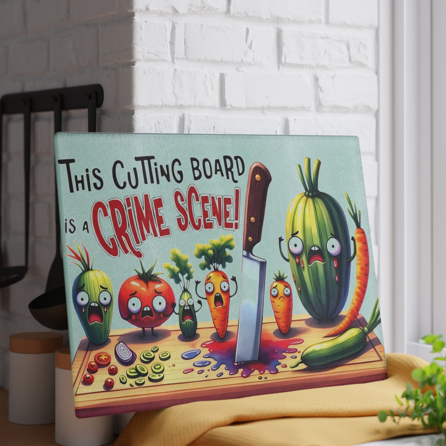 Tabla de cortar de vidrio para escena del crimen en la cocina: ¡Vegetales gritones y estilo asesino!