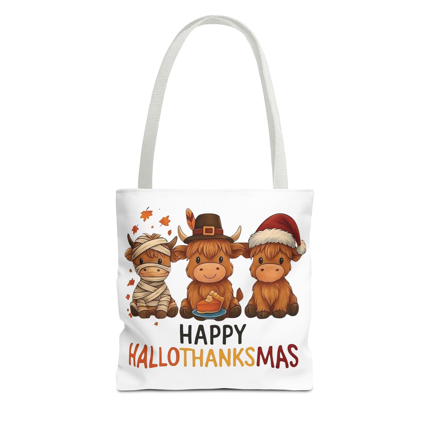 🐮 Happy Hallothanksmas Highland Cow Tote Bag – Holiday Fun All Season 🎃🦃🎄👜