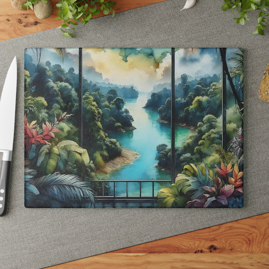 Tabla de cortar de vidrio templado con vista tropical: Escápate al paraíso
