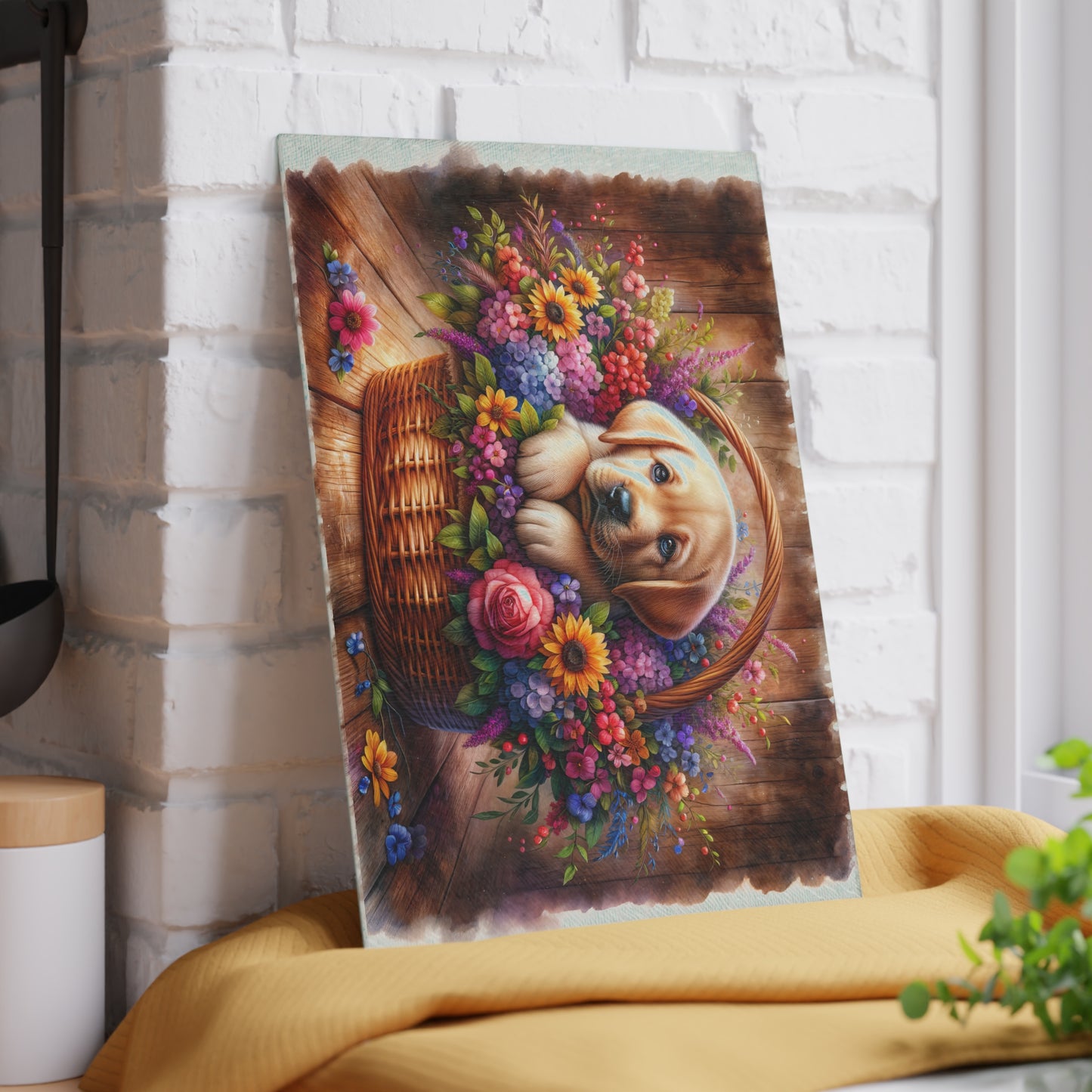🐾 Yellow Labrador Puppy Floral Basket Cutting Board – Sweet Charm for Your Kitchen 🌸