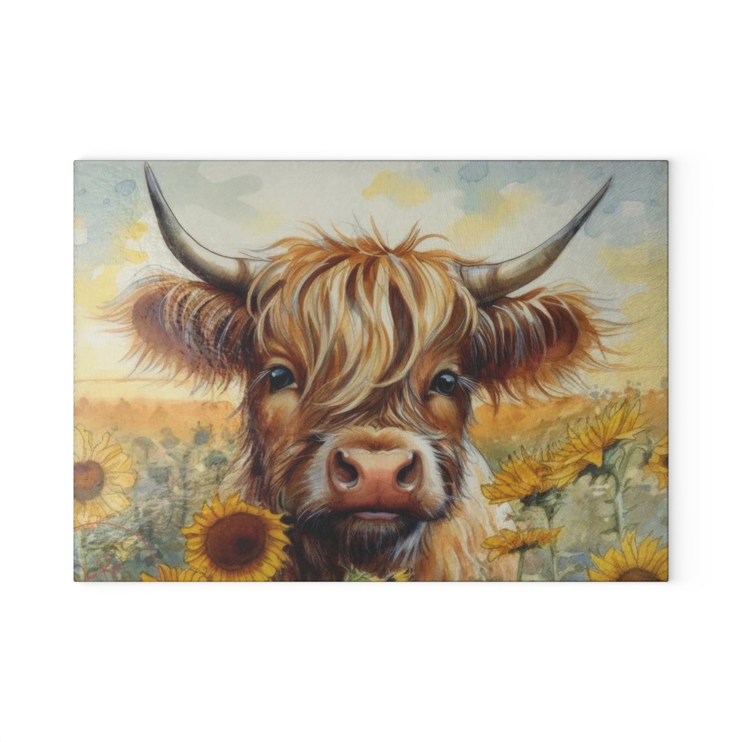 Tabla de cortar de vidrio templado con diseño de vaca de las Tierras Altas, tabla de cortar con diseño de girasol, decoración rústica de granja, regalo para amantes de las vacas, tabla de charcutería, regalos para vacas