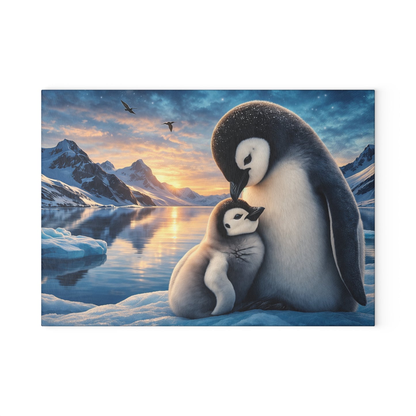 Arctic Penguin Love Glass Cutting Board – Peaceful Polar Wildlife Kitchen Art