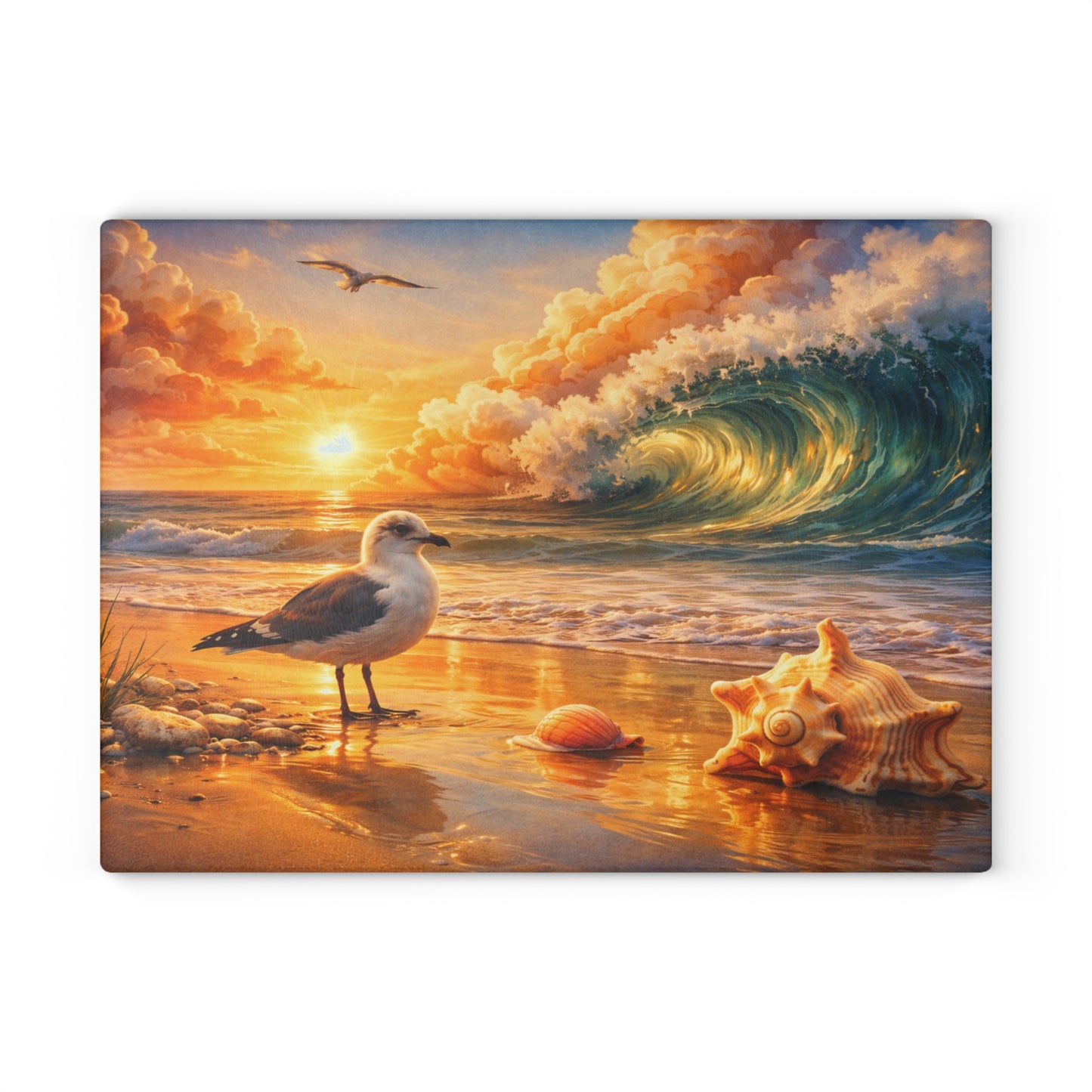 Golden Coastal Wave Glass Cutting Board – Ocean Sunset Seagull Beach Kitchen Art