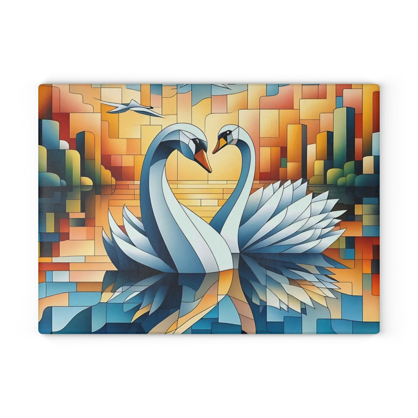 Tabla de cortar de vidrio con dos cisnes cubistas: escena artística del río