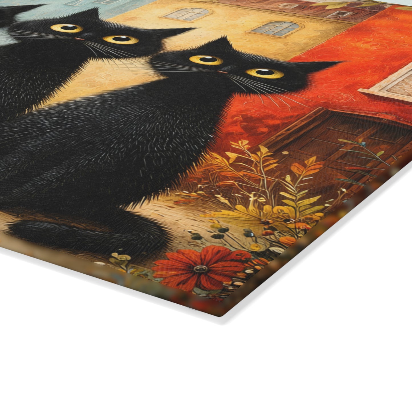 Whimsical Black Cat Glass Cutting Board – Storybook Village Cat Art Kitchen Decor