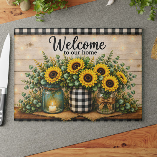 Sunflower Welcome Glass Cutting Board – Farmhouse Buffalo Plaid Kitchen Decor