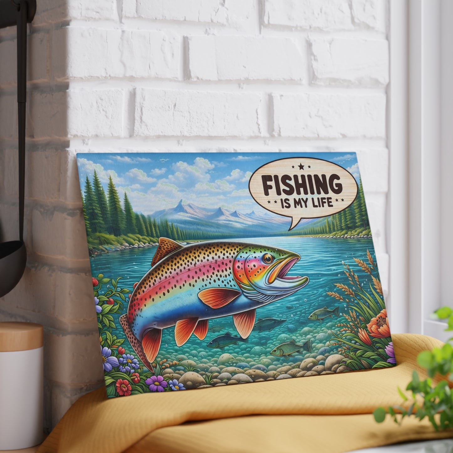 Fishing Is My Life Glass Cutting Board – Colorful Trout Lake Scene with Rustic Fishing Humor