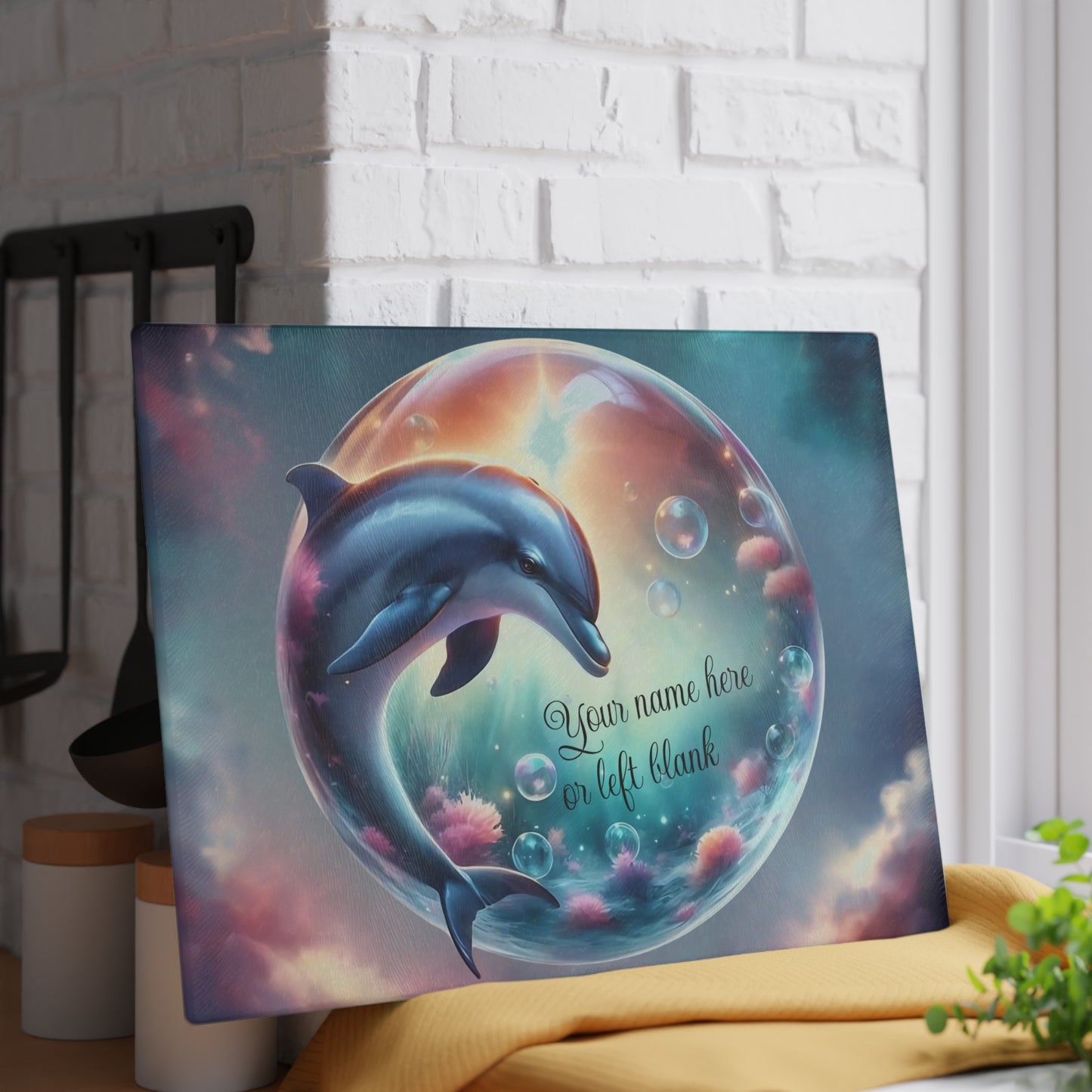 Tabla de cortar con diseño de delfín, vidrio templado con vibrantes escenas de delfines, regalo para chef, regalo para ella, regalo de boda o inauguración de la casa.
