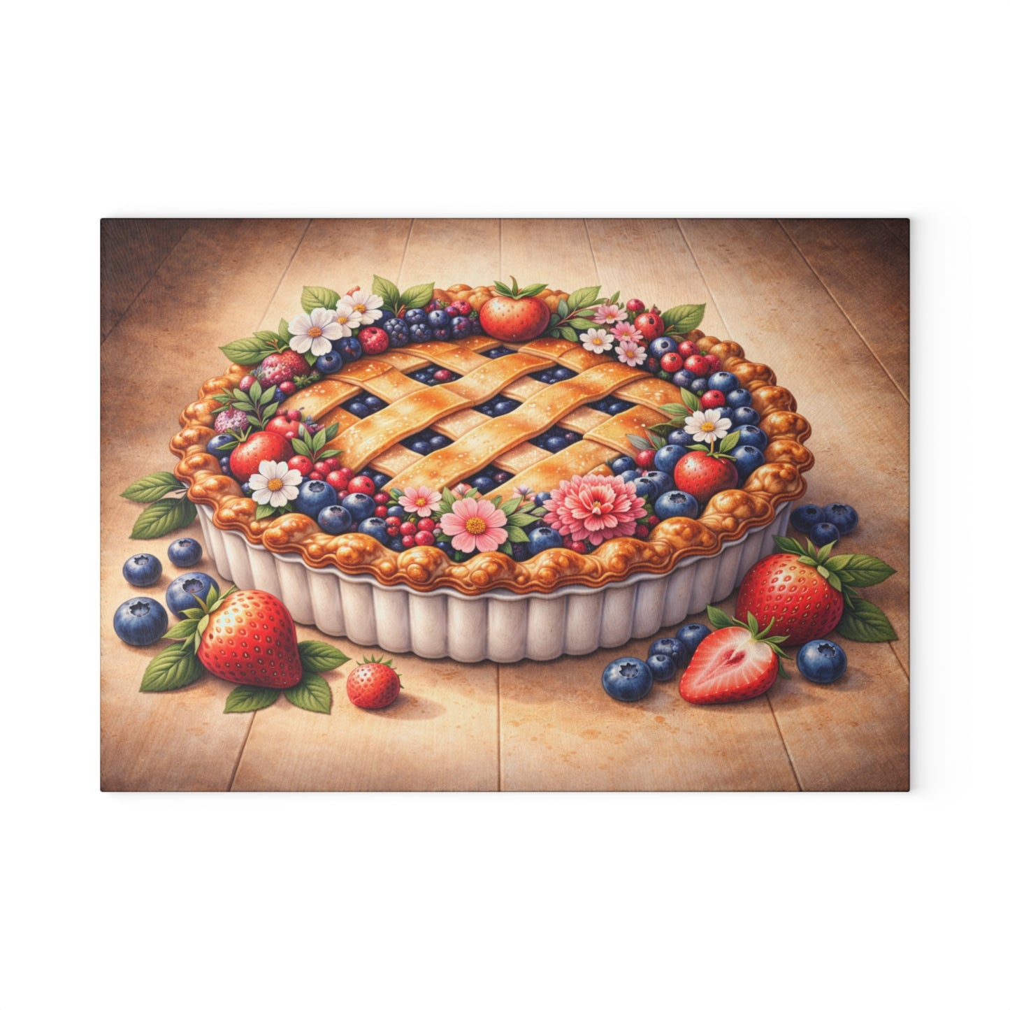 Berry Blossom Pie Glass Cutting Board – Vintage Farmhouse Dessert Kitchen Art