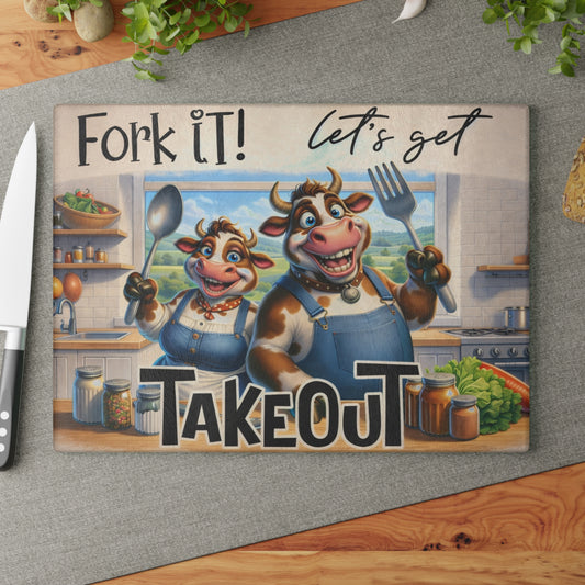 Fork It! Takeout Glass Cutting Board – Playful Cow Kitchen Art with Farmhouse Humor