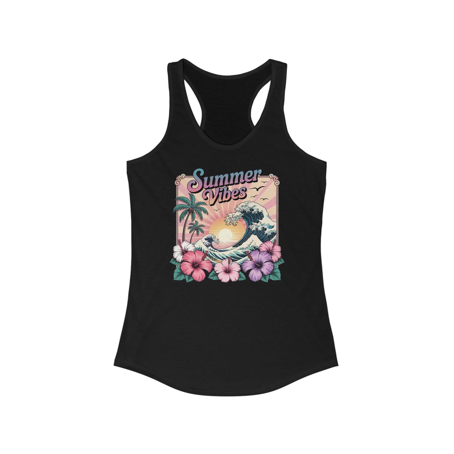 ☀️ Camiseta de tirantes con espalda nadadora Summer Vibes: playera ligera para mujer con diseño de ondas tropicales e hibisco
