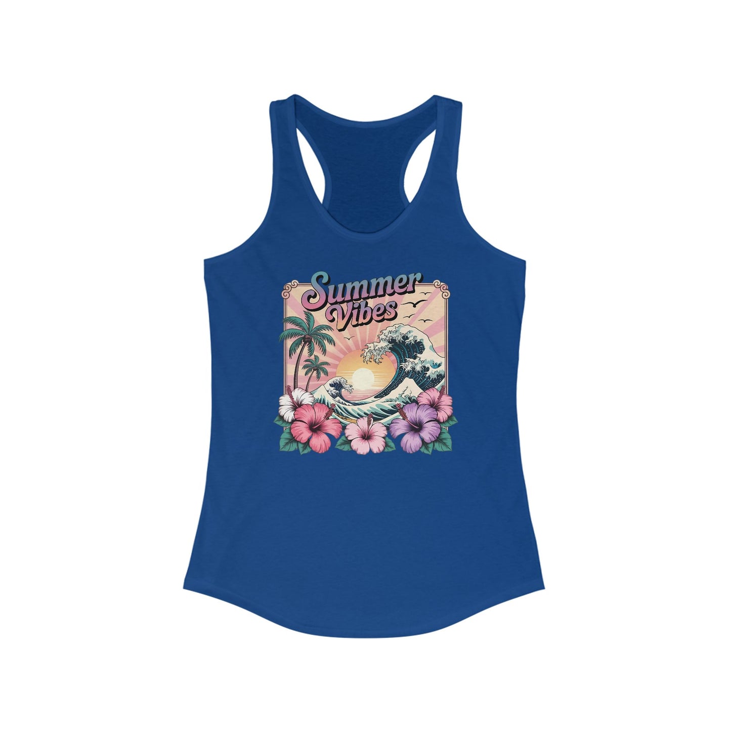 ☀️ Camiseta de tirantes con espalda nadadora Summer Vibes: playera ligera para mujer con diseño de ondas tropicales e hibisco