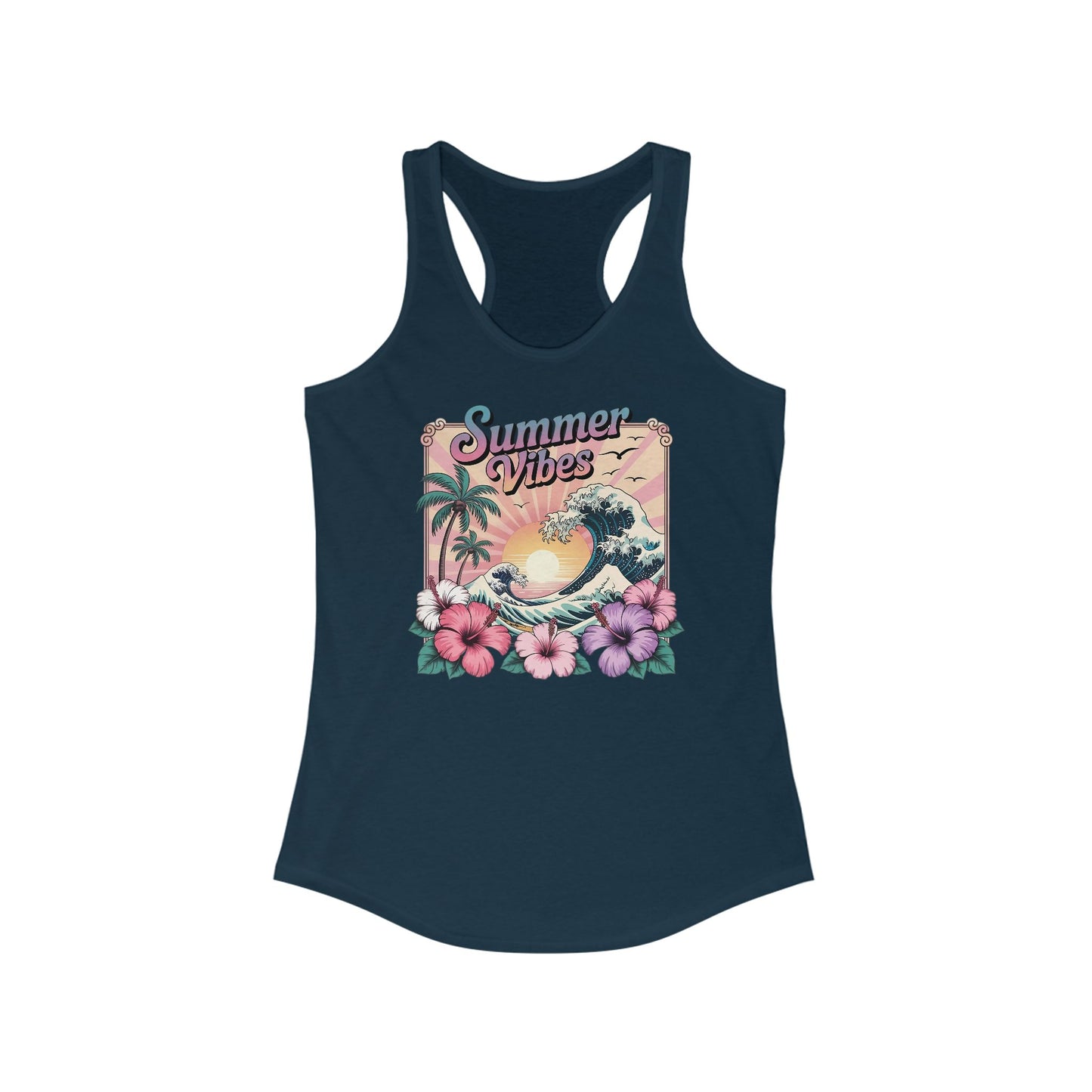 ☀️ Camiseta de tirantes con espalda nadadora Summer Vibes: playera ligera para mujer con diseño de ondas tropicales e hibisco