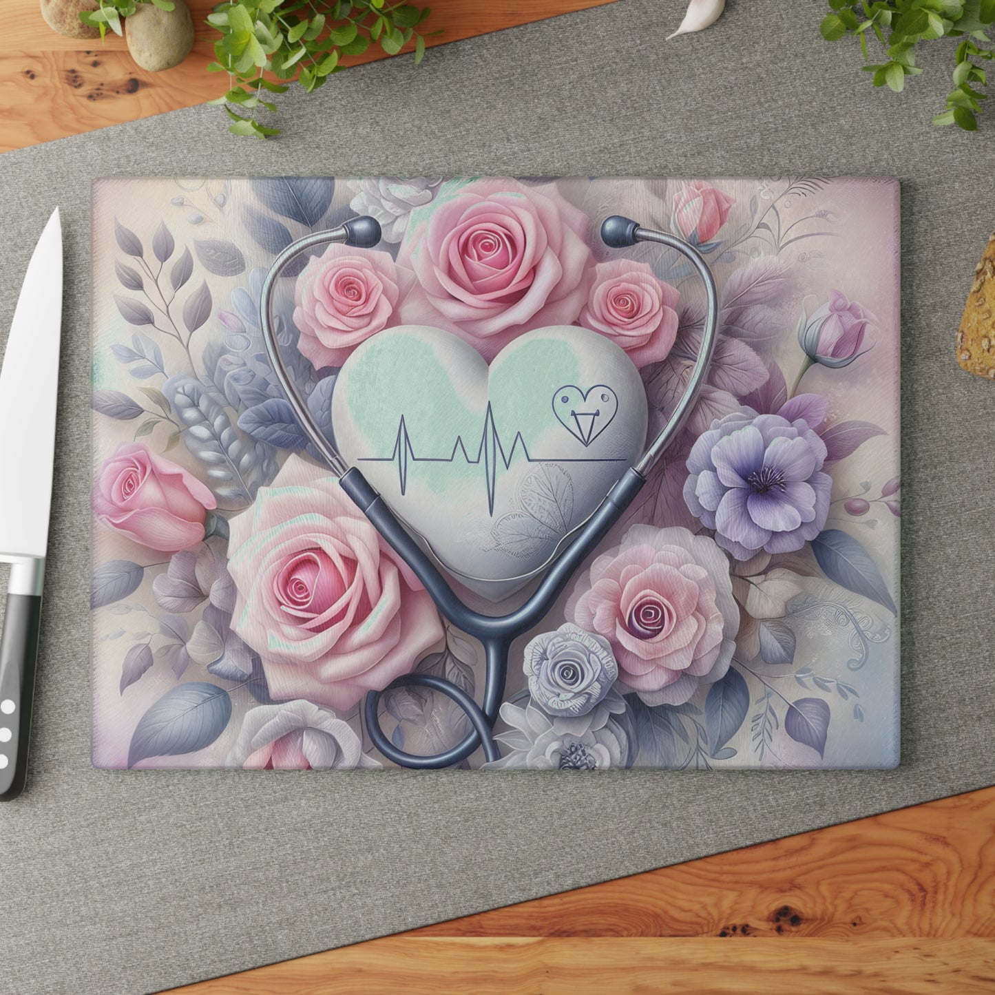 🩺 Nurse Heartbeat Floral Cutting Board – Elegant Medical-Inspired Kitchen Décor 🌸