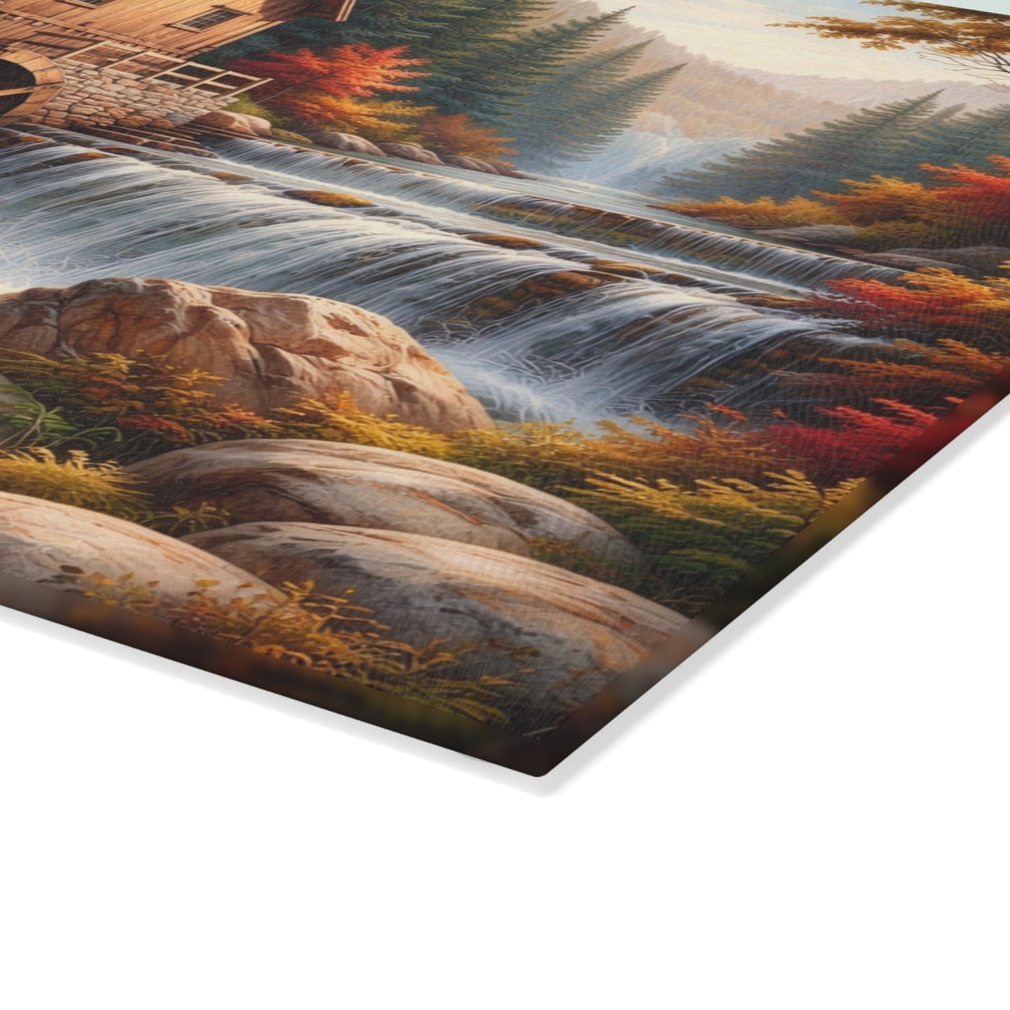 Autumn Watermill Landscape Glass Cutting Board – Rustic Mill and Waterfall Kitchen Art