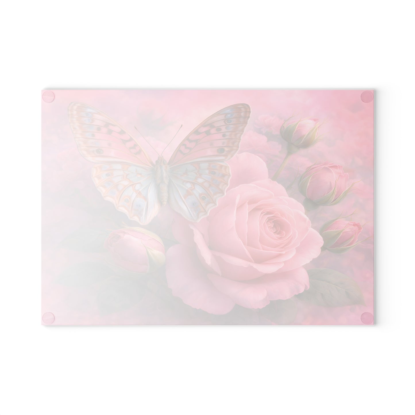 Pink Rose & Butterfly Glass Cutting Board – Romantic Floral Butterfly Kitchen Art