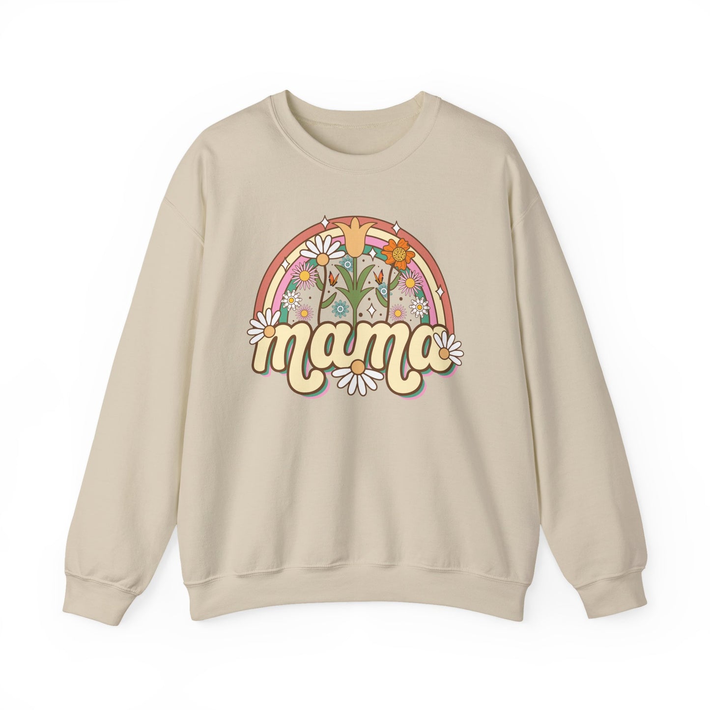 🌼🌈 Retro Floral Mama Sweatshirt – Vintage Rainbow Daisy Mom Crewneck