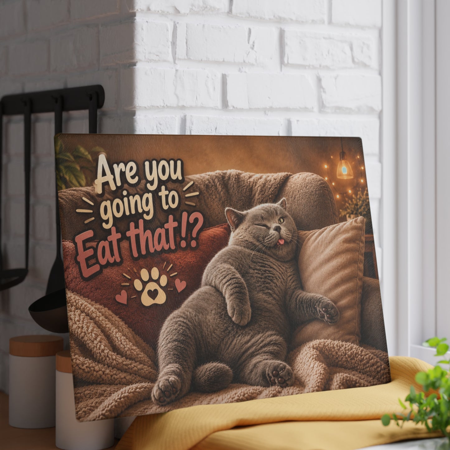 Are You Going to Eat That!? Funny Cat Glass Cutting Board – Cozy Lazy Cat Kitchen Decor