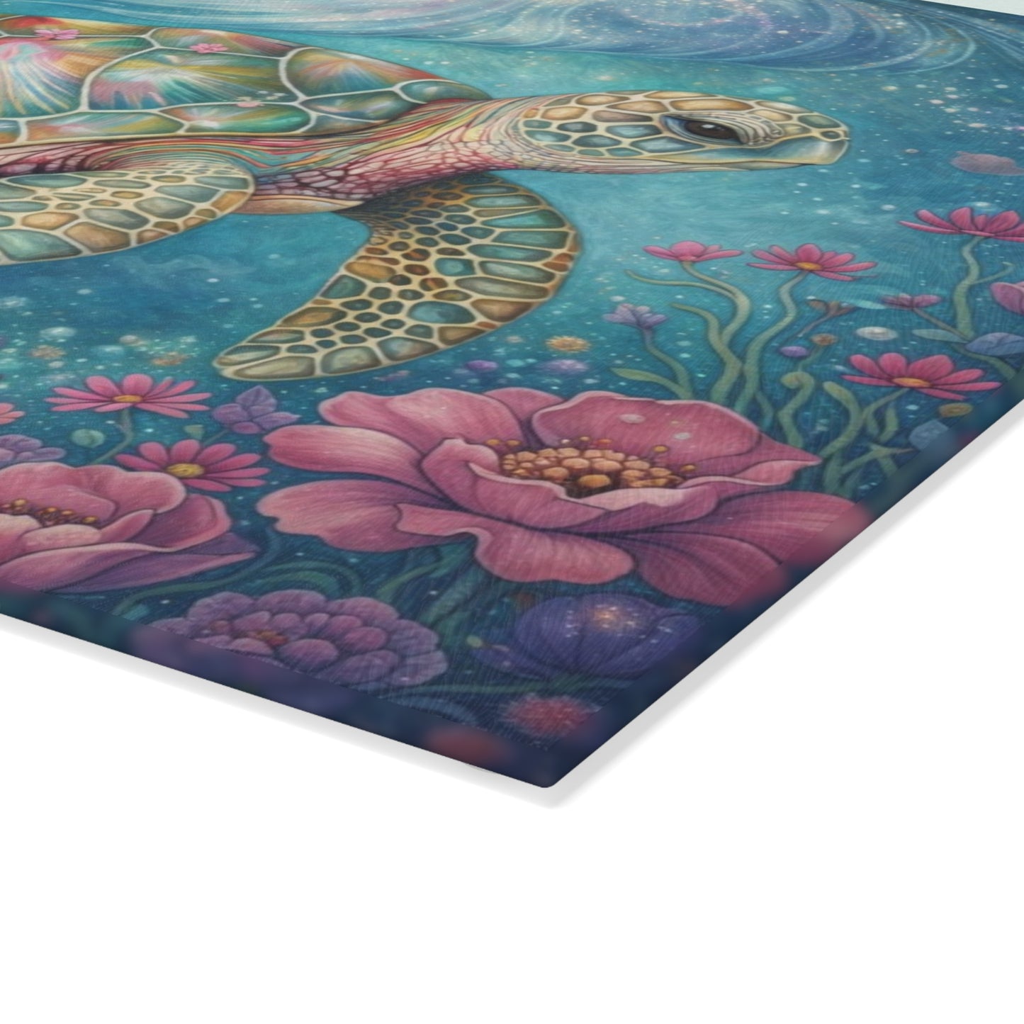 Floral Sea Turtle Glass Cutting Board – Dreamy Ocean Garden with Soft Pastel Blooms