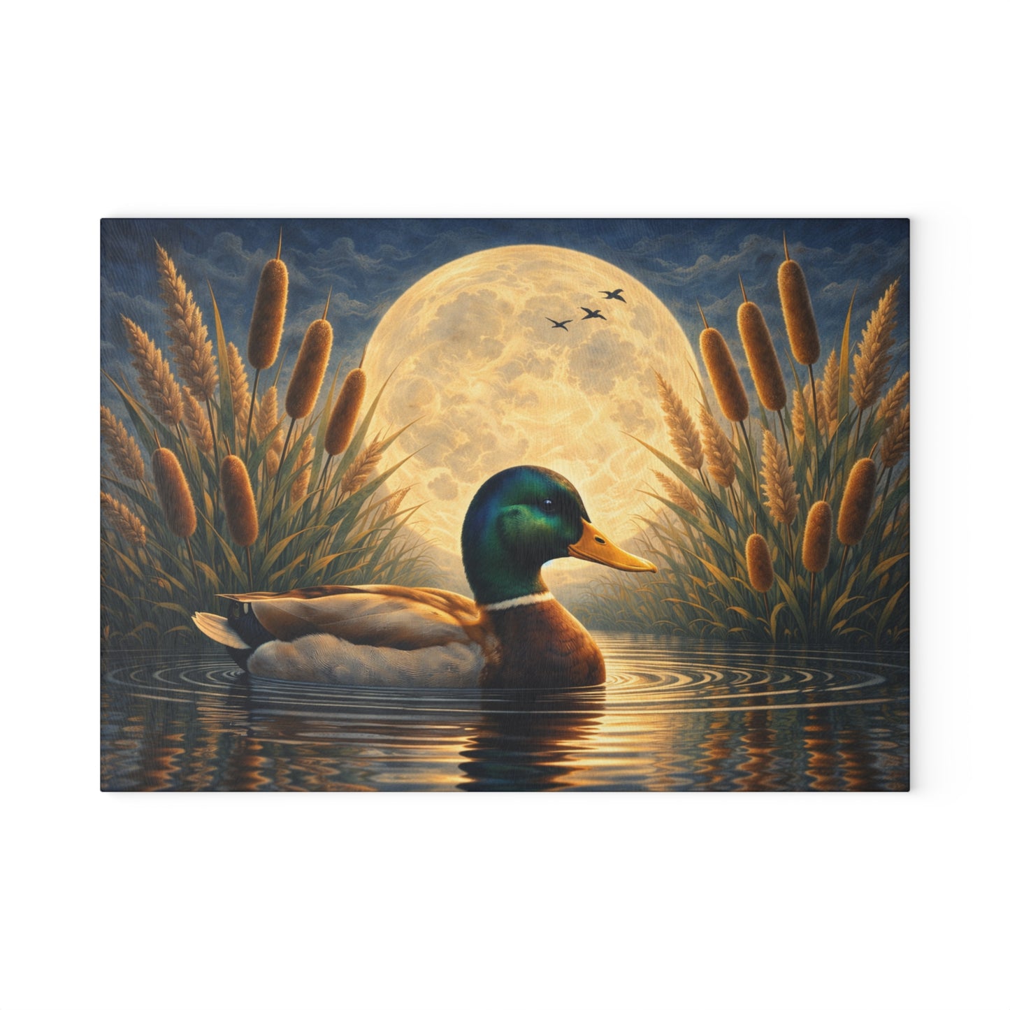 Moonlit Mallard Duck Glass Cutting Board – Peaceful Marsh Wildlife Artwork