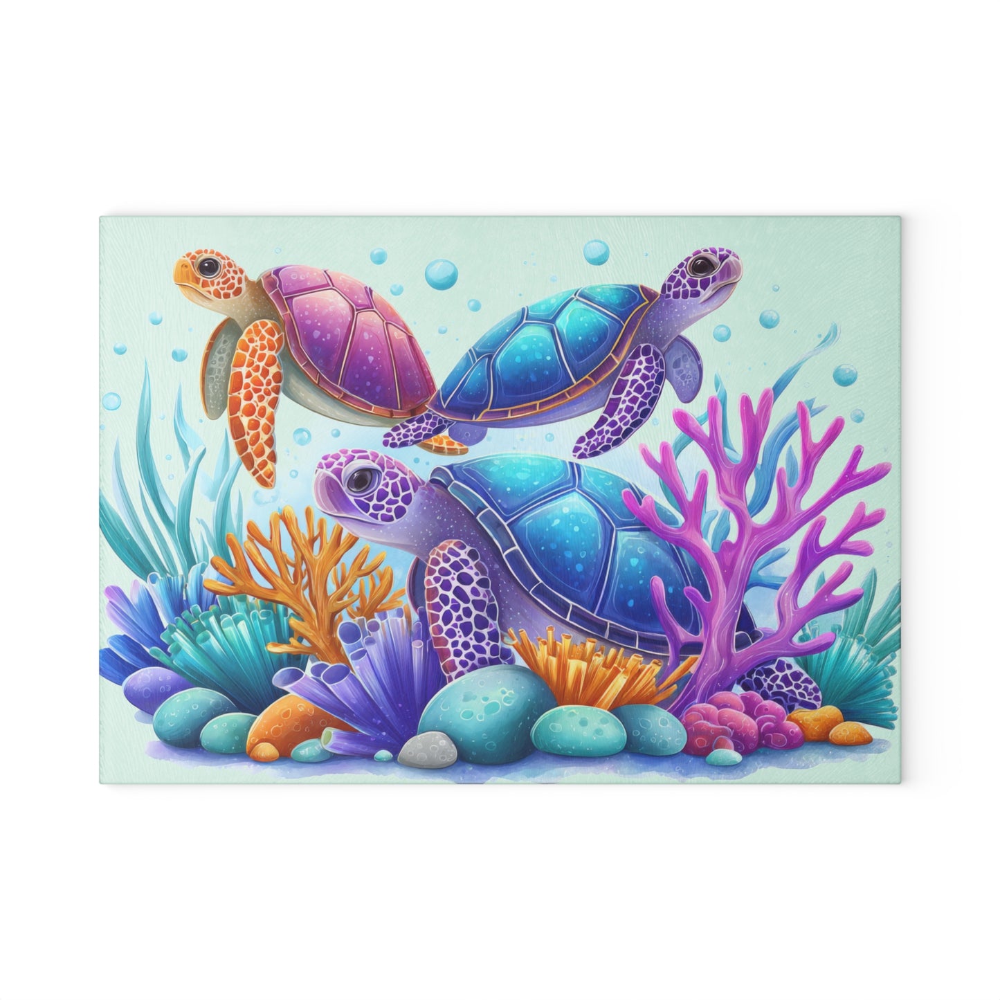 Tabla de cortar con tres tortugas marinas de colores: la alegría del océano se fusiona con la magia submarina