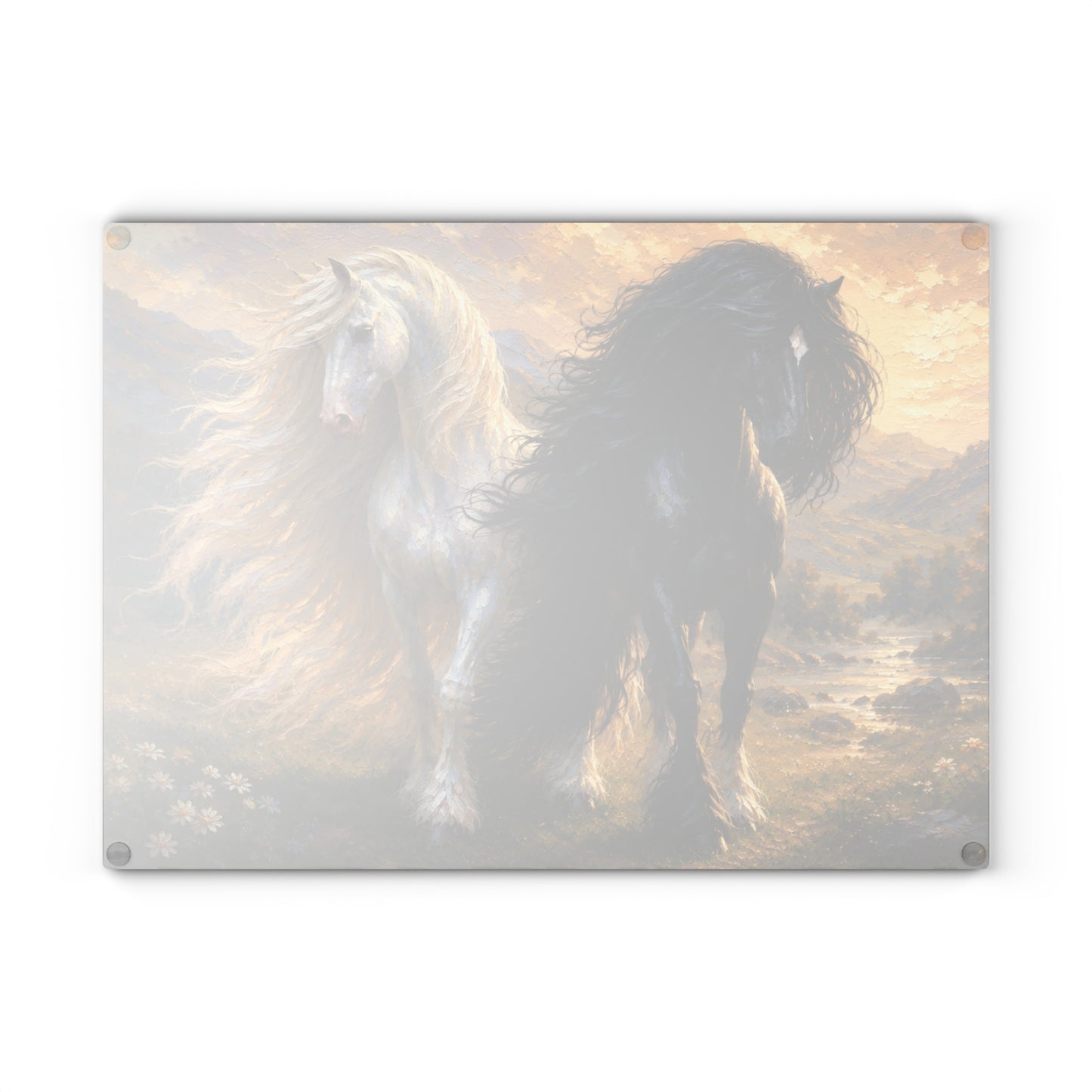 Black & White Horses Glass Cutting Board – Elegant Running Horses Artwork with Scenic Countryside