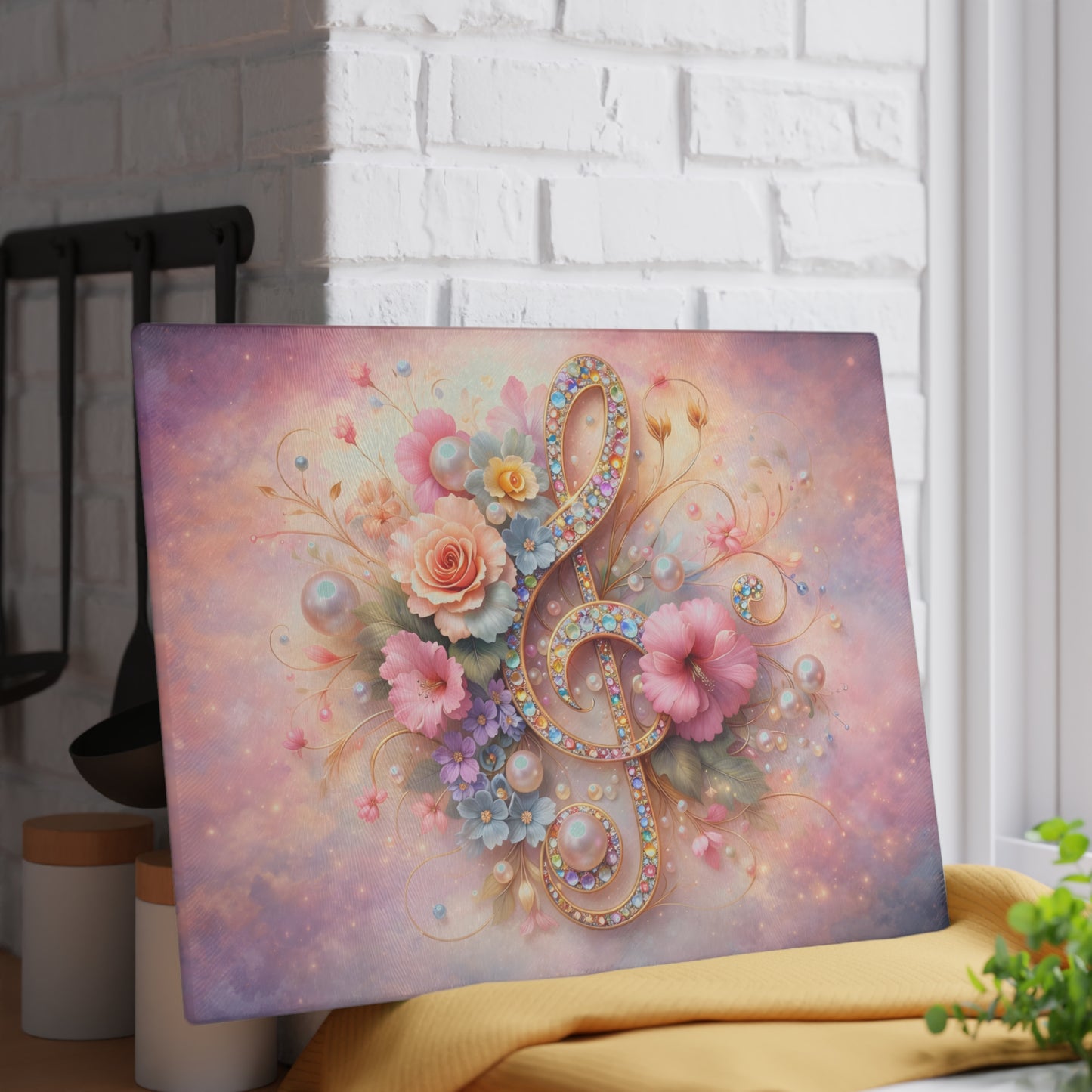 Floral Treble Clef Glass Cutting Board – Elegant Music-Inspired Art Kitchen Decor