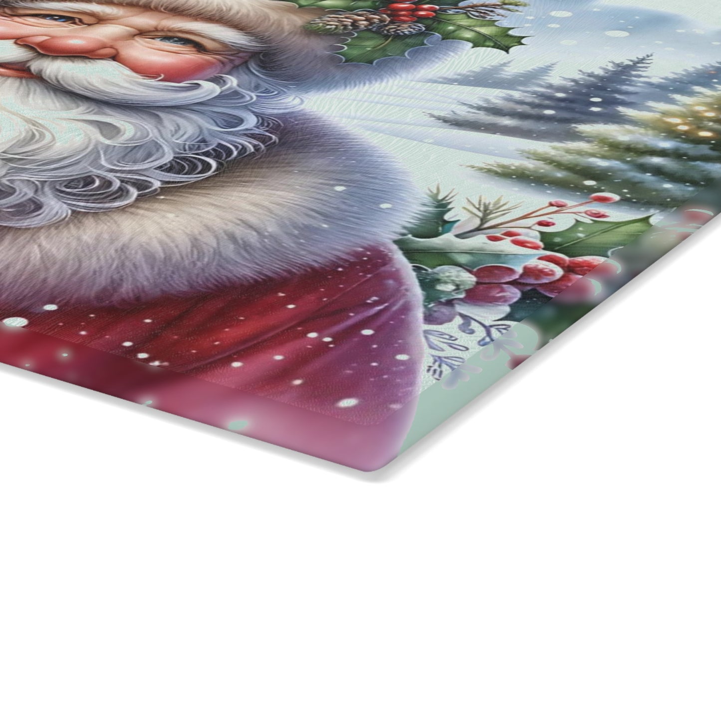 🎅✨ “Jolly Santa in the Pines” Glass Cutting Board – Cozy Charm for Your Kitchen