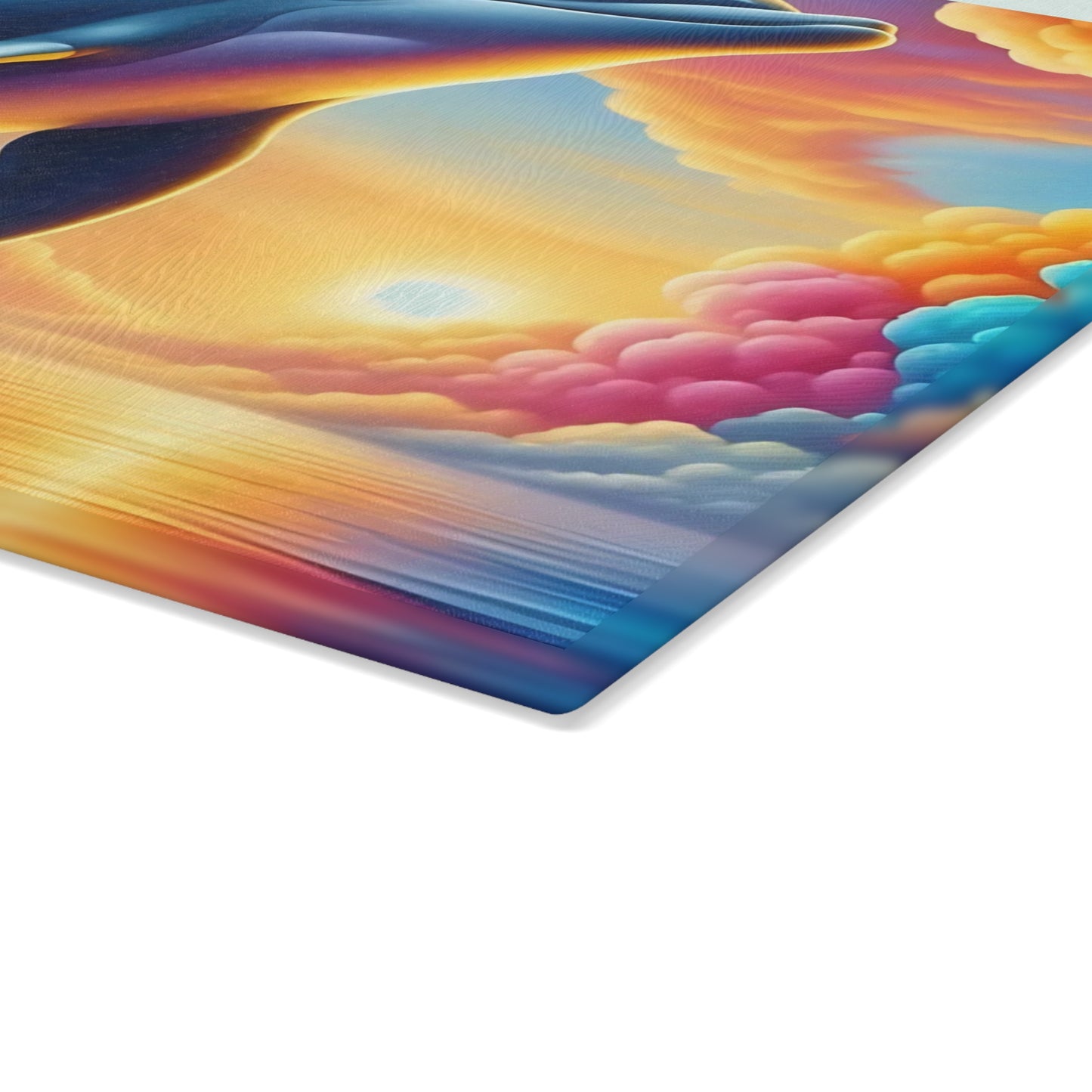 Happy Dolphin & Rainbow-Colored Clouds Glass Cutting Board – Whimsical Ocean Kitchen Art