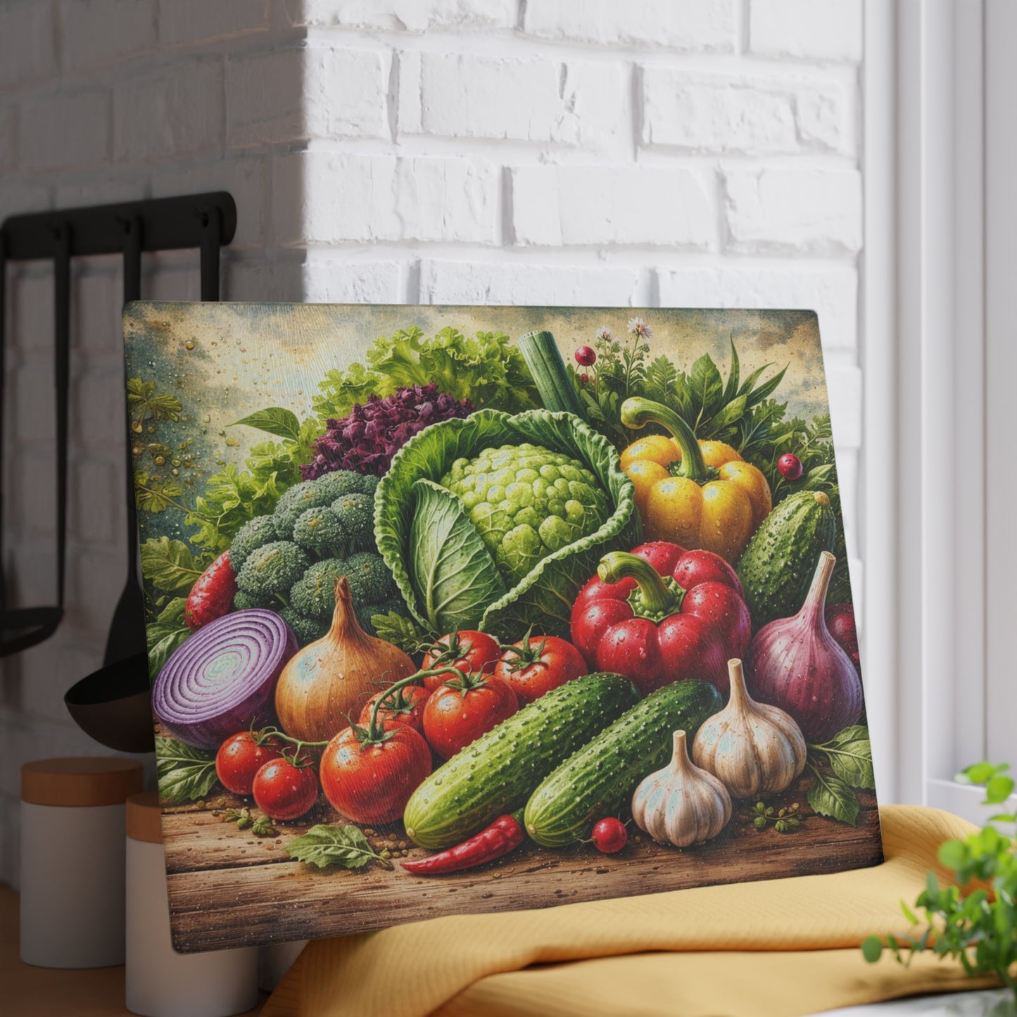 Garden Harvest Glass Cutting Board – Fresh Farm Market Inspired Kitchen Art