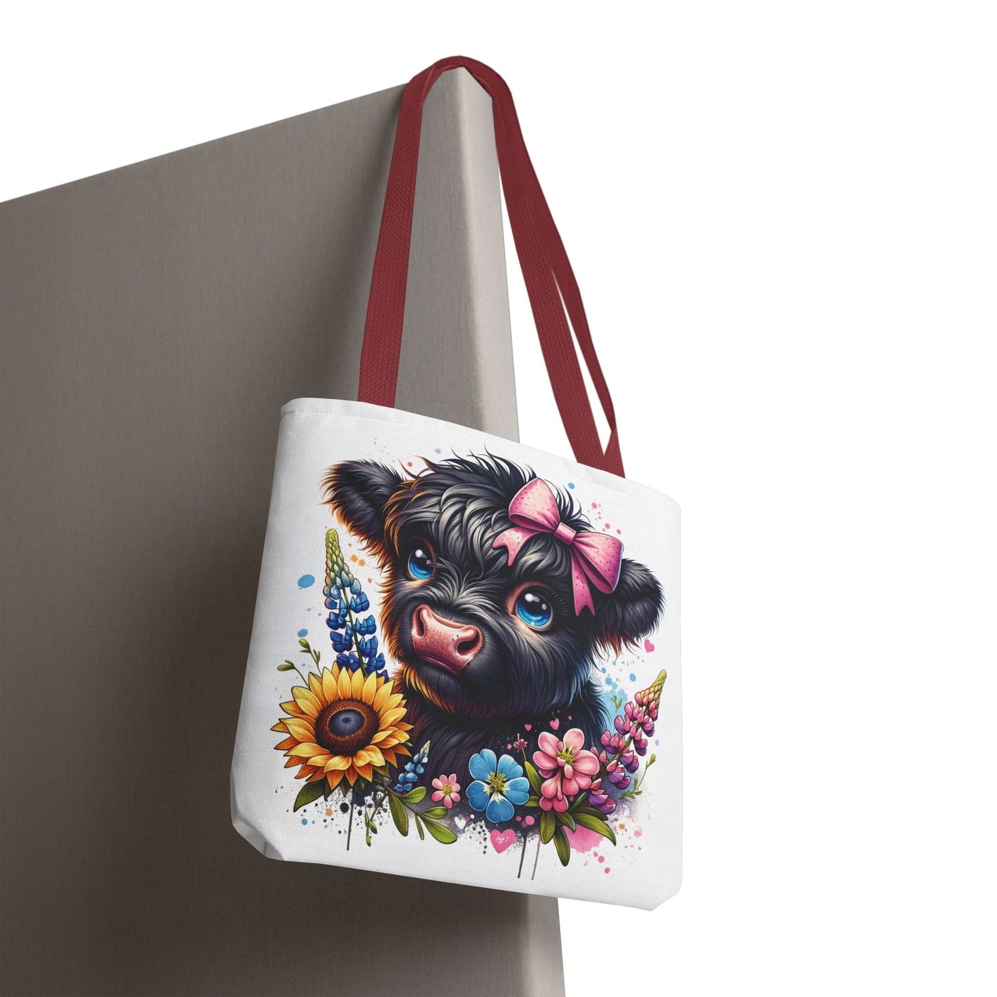 🌸 Black Highland Calf Floral Tote Bag – Sweet Style for Every Age 🐮👜