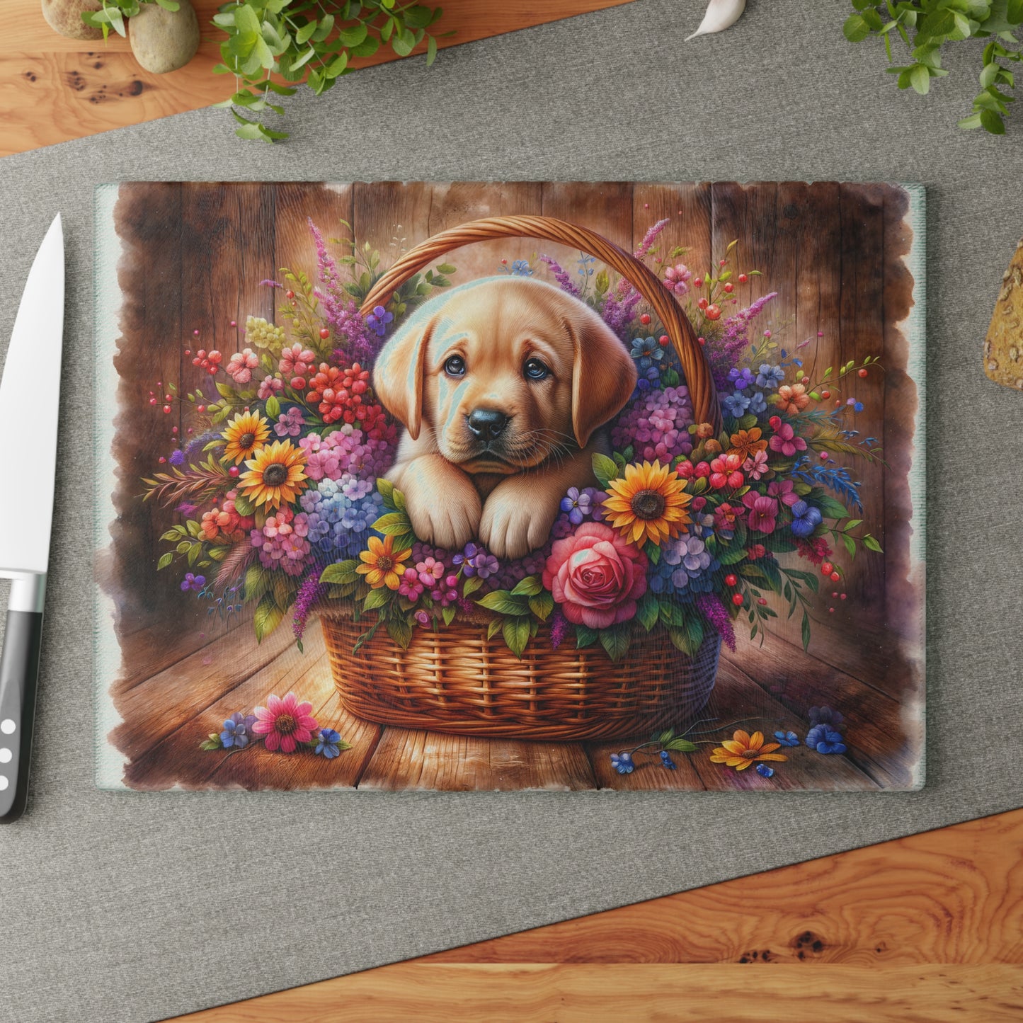 🐾 Yellow Labrador Puppy Floral Basket Cutting Board – Sweet Charm for Your Kitchen 🌸
