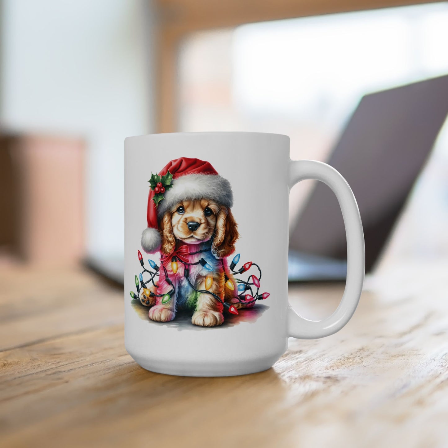 🎁 Cocker Spaniel Christmas Lights Mug – Sweet Holiday Cheer with a Bow 🎄🐶