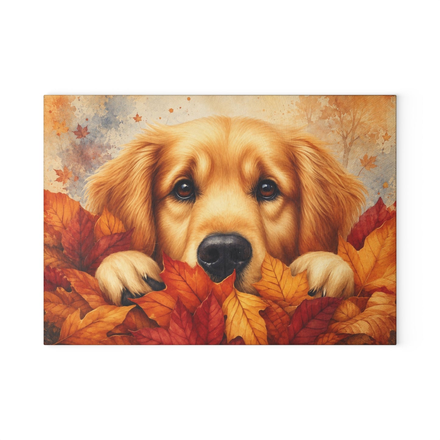 Golden Retriever Autumn Leaves Glass Cutting Board – Cozy Fall Dog Kitchen Décor