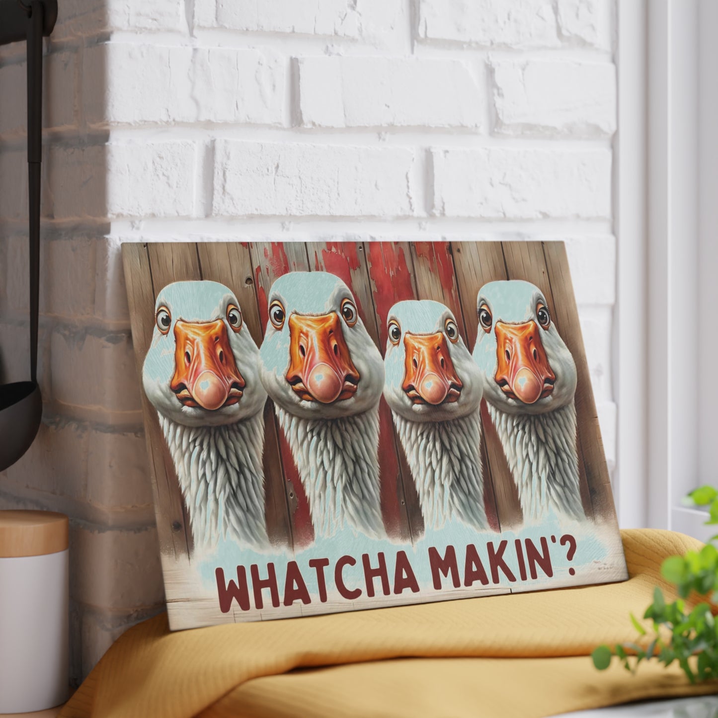 🪿🤎 “Whatcha Makin’?” Glass Cutting Board – Cozy Charm for Your Kitchen