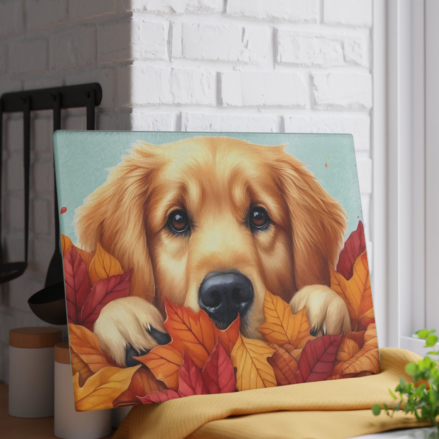 🍂🐾 Golden Retriever Autumn Leaves Cutting Board – Cozy Fall Kitchen Charm with Puppy Love 🐕🍁